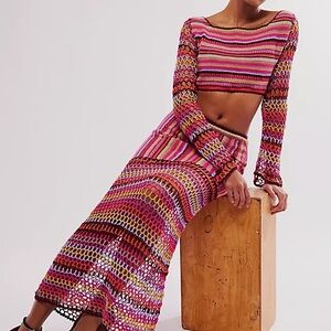 Free People Bali Sunrise Boho Knit Crochet Maxi Skirt Long Sleeve 2-Piece Set